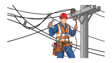 Electrical Worker on Duty: A skilled electrician, equipped with essential tools, meticulously works on overhead power lines, ensuring the smooth flow of electricity.