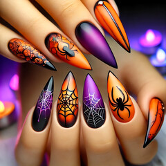 Vibrant stiletto nails with Halloween-inspired art featuring spiders and webs in orange and purple hues. Perfect style for spooky and festive occasions.