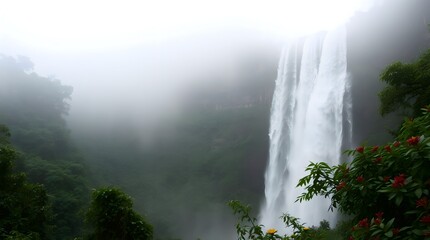 Misty Waterfall Tumbling Down Lush Mountainside Framed by Dense Vegetation and Blooming Flowers