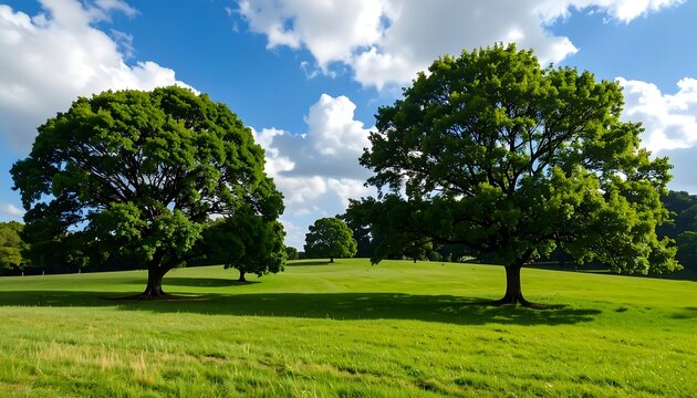 Lush green field with mature trees under a partly cloudy sky