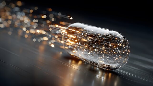Glowing, translucent capsule made of interconnected data points floats in a digital void. Binary code emanates from the pill, symbolizing digital medicine.