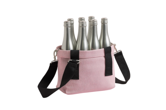 Pink Cooler Bag with Six Silver Bottles insulated isolated on a transparent background