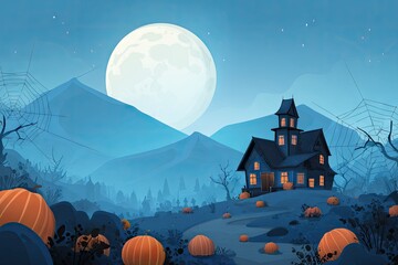 Spooky Halloween Night Haunted House Landscape.