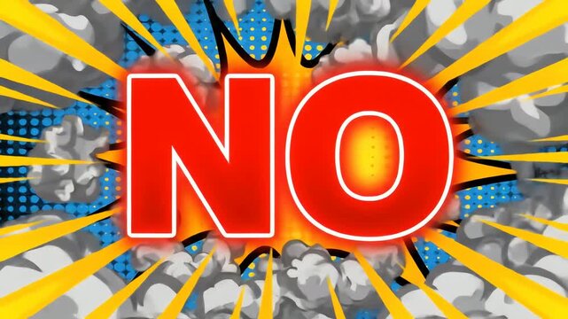 Close-up view of a bold red NO word in a comic book style explosion graphic, featuring a dynamic composition with contrasting yellow and blue colors against a dotted