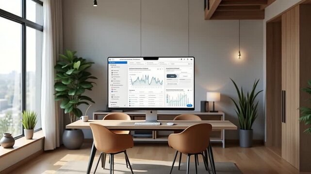 Vertical Loft with computer displaying SEO trends and targeted data insights, spacious luxury apartment home office featuring wood and glass furniture. Minimalist decor for serene atmosphere.