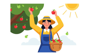 Apple Harvest in Orchard: A woman gathers apples from a bountiful tree, her basket filling with the sweet, red fruit under the warm glow of the sun, celebrating the harvest's abundance.