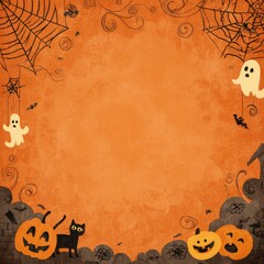 Halloween Background with Pumpkins Ghosts and Bats.