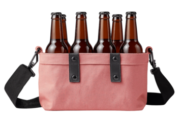Six Amber Beer Bottles in a Pink Carrier Bag six pack isolated on a transparent background