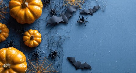 Halloween pumpkins bats spiders blue background.