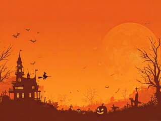 Halloween Night Spooky Castle Silhouette Landscape.