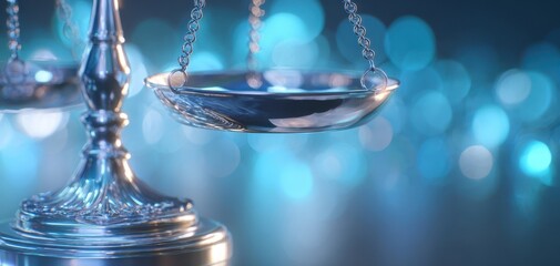 The Scales of Justice Close-Up with Reflective Silver Surface and Blue Bokeh
