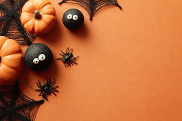 Halloween Treats and Spiders on Orange Background.