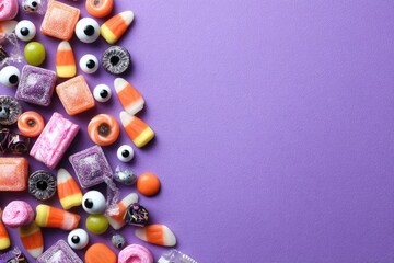 Festive Halloween candy assortment creating a border on a purple background.