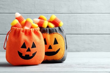 Adorable jack o lantern treat bags full of candy corn for Halloween.