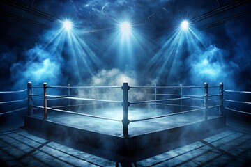 Dramatic boxing ring illuminated by spotlights and enveloped in smoke, creating a powerful and intense atmosphere for a thrilling and competitive match