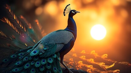 Peacock Silhouette Against Golden Sunset with Partially Fanned Tail Feathers