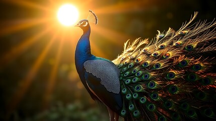 Radiant Peacock in Sunburst with Fanned Iridescent Feathers