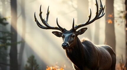 Sunlit Elk with Grand Antlers in Misty Forest Rays