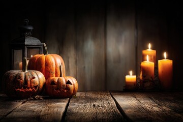 Spooky Halloween Jack O Lanterns with Glowing Candles on a Rustic Wooden Table.
