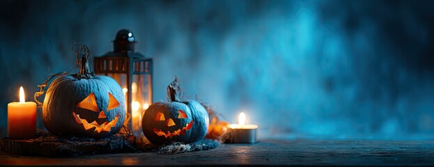 Spooky Halloween still life with glowing Jack O Lanterns and candles on a dark, misty night.