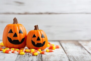 Two smiling Halloween jack o lanterns with candy corn on a rustic white wood background.