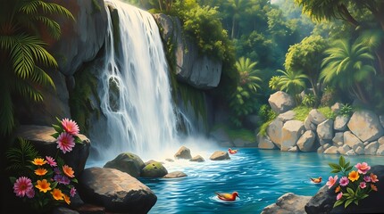Tropical Waterfall Oasis with Swimmers in Jungle Pool