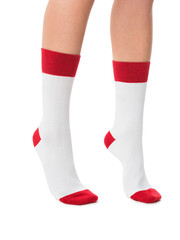 White cotton crew socks with red cuffs and toe detail, unisex casual sportswear fashion accessory...