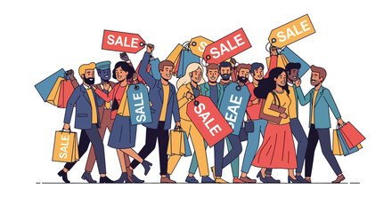 Obraz premium A Diverse Crowd of Shoppers Carrying Shopping Bags and Wearing Sale Tags, Representing Retail and Consumerism During Promotional Events and Seasonal Discounts