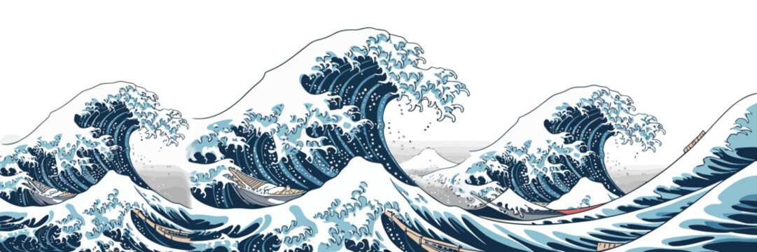 Great wave off kanagawa art print featuring powerful ocean waves and small boats a classic japanese ukiyoe woodblock print perfect for wall decor and showcasing japanese art history