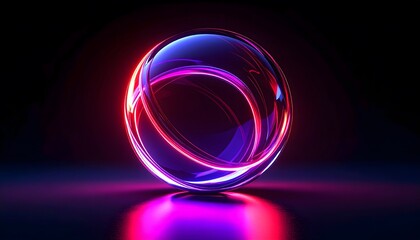 Luminous sphere with neon pink and blue light trails on reflective surface
