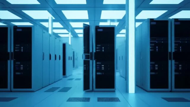 Symmetrical Server Room with Rows of Data Cabinets and Neon Lighting for Secure Computing