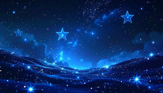 Starry nightscape. Glowing stars in the dark blue sky over glittering waves below