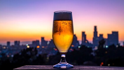 Sunset beer, city skyline view