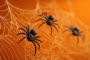 Three spooky black plastic spiders crawling on a web for Halloween.