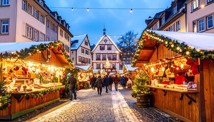 Obraz premium Festive Christmas market stalls lined with warm lights, nestled within a charming snowy European town.