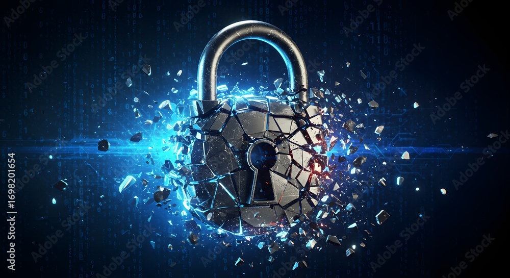 Aufkleber digital security breach concept of a cracking lock representing cyber threats and data protection