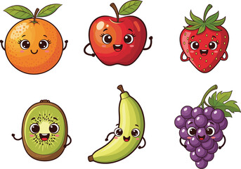 Cartoon fruit characters, smiling faces, animated arms, healthy food illustration, kids content, playful vector design, colorful fruit set, cheerful expressions