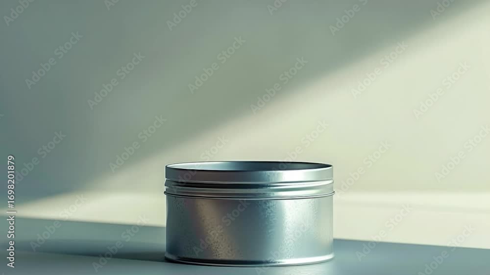 Poster a metal container sits on a table