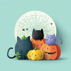 Cute Halloween Cats and Pumpkins Papercraft Illustration.