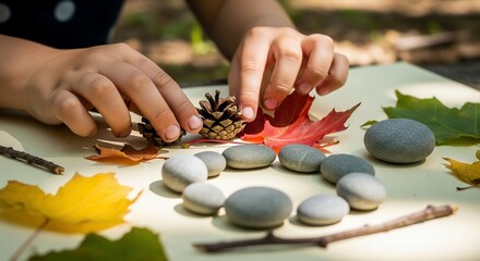 Childs Hands Creating Art with Natural Materials Outdoors.