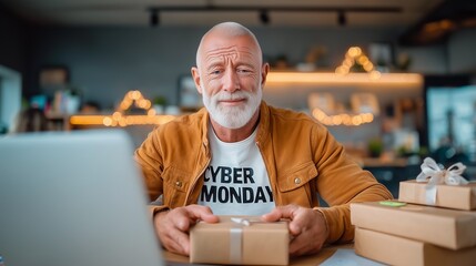 Smiling elderly man with gray hair enjoying online shopping joyfully.