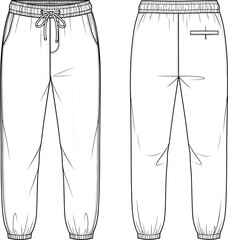 Jogger pants technical drawing, front and back view, fashion CAD design, flat vector sketch, elastic waistband, casual wear template, garment illustration, drawstring detail, cuffed hem pants, 