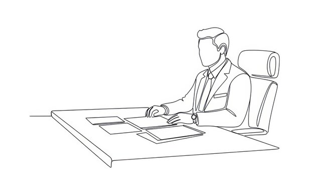 Continuous one line drawing of a businessman working at his office desk.