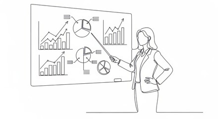 Businesswoman presenting financial data on a whiteboard with charts.