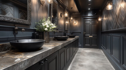 luxury restaurant public bathroom with toilet cubicles with an elaborate dado and panelled walls 