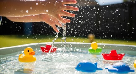 Childs hands splashing water in a paddling pool with toys.