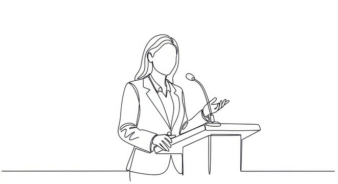 Businesswoman speaking at a podium continuous one line drawing. Female leader giving a presentation or lecture in a minimalist sketch style.