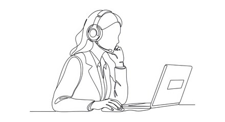 Continuous Line Drawing of Woman Working as Customer Support.