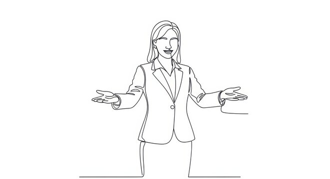 Continuous line drawing of a businesswoman or speaker gesturing with open hands, presenting or explaining a concept.