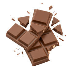 Fototapeta premium Falling broken pieces of delicious milk chocolate bar, perfect for dessert, sweet, snack, and food design projects. isolated on white or transparent background.PNG format. 